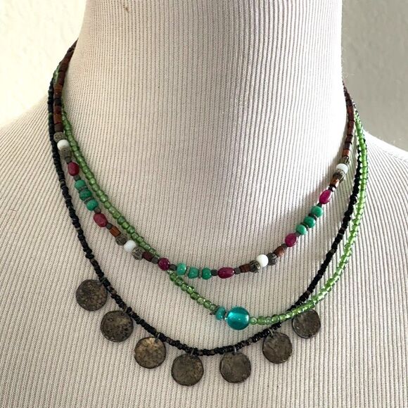Vintage Bead Turquoise Boho 3 Strand Necklace Bohemian 16" - Picture 1 of 6